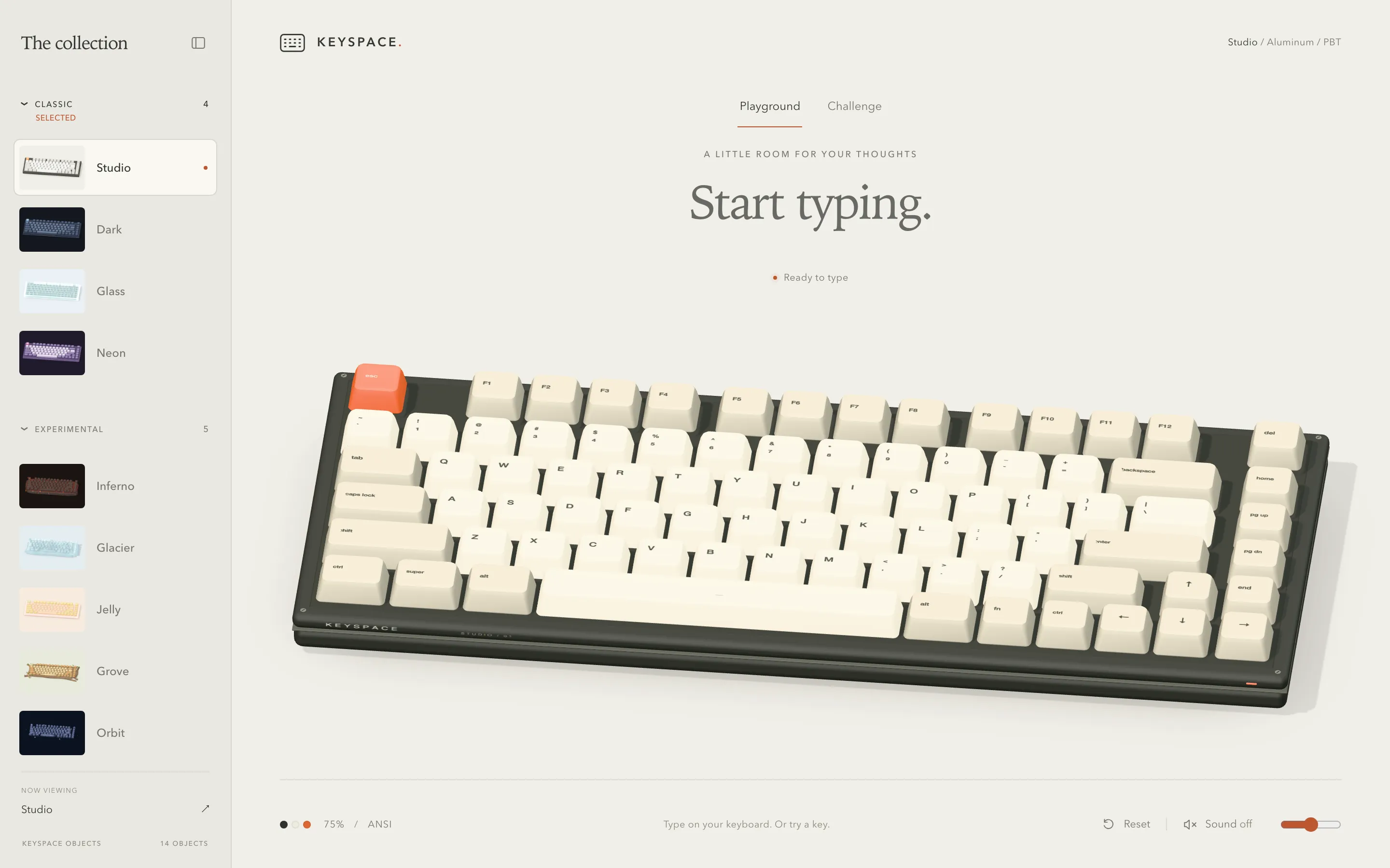 KEYSPACE Playground 화면: Start typing. 문구 아래 크림색 키캡과 주황 esc 키가 달린 75% 키보드 3D 모델